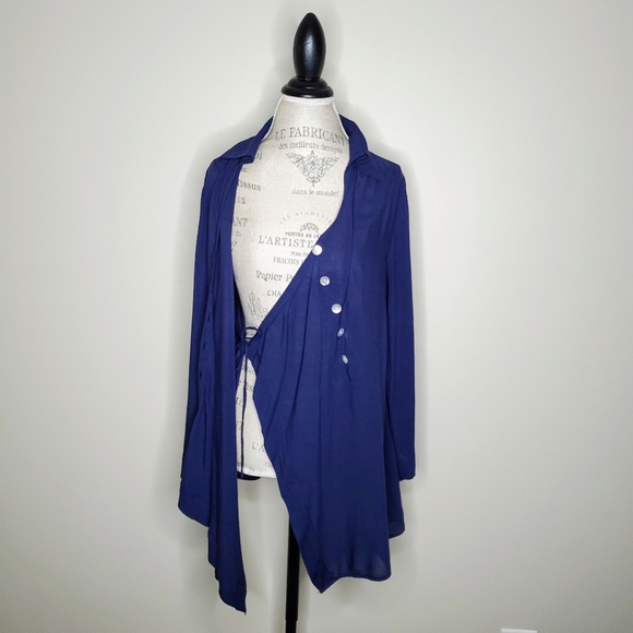 Soft Surroundings | Navy Asymmetrical Wrap Blouse - Picture 3 of 14